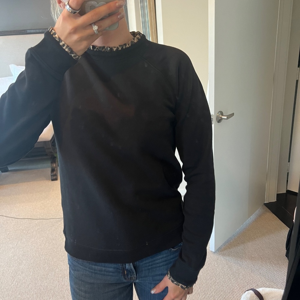 J Crew Leopard Print Collar and Cuff Black Sweatshirt size small
